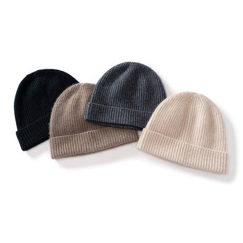 Basic Ribbed Cashmere Beanie Knit Fold-Over Thicken Winter Hat