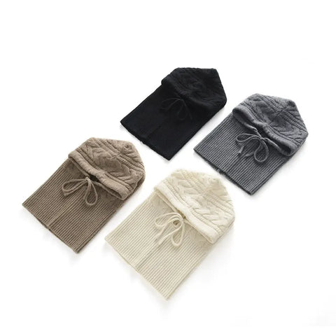 Warm Windproof Cable-Knit Pure Cashmere Ribbed Hood with Drawstrings