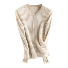 Ribbed Zipper Sweater Cardigan 100% Cashmere Slim Knit Jacket