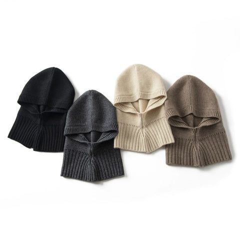 Unisex Knitted Hooded 100% Cashmere Hat with Ribbed Hem Loop Scarf