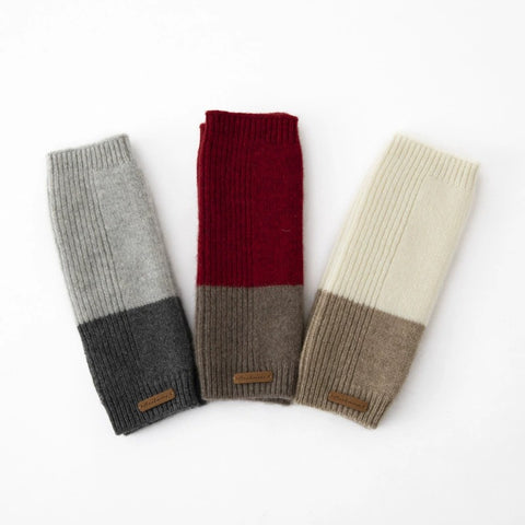 Two Tone Ribbed Knit 100% Pure Cashmere Fingerless Arm Warmers Gloves