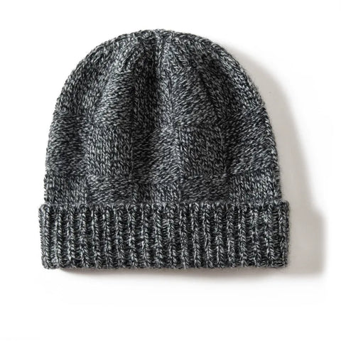 Ribbed 100% Cashmere Checkerboard Knit Cuffed Beanie
