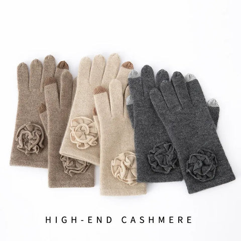 Women 100% Cashmere Knitted Gloves Full Fingers Mitten with Rose Crochet Flower