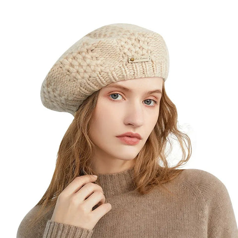 Pure Cashmere Knit Beret Hat Hand Crocheted Thick Yarn Soft Winter Beanie