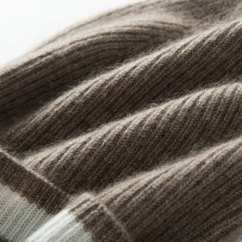 Ribbed Cashmere Beanie with Contrast Stripe Hem Hat Outdoor Knitted Cap