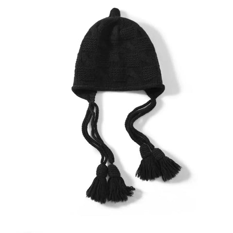 100% Cashmere Tassel Ties Knit Hat Earflap Windproof Ear Protection Beanie