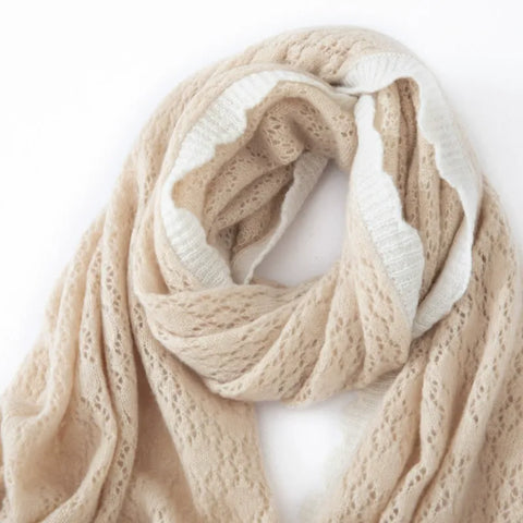 100% Cashmere Dual-Tone Lace-Knit Cashmere Scarf with Contrast Trim Wrap
