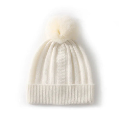 100% Cashmere Ribbed Chunky Knit Beanie with Pom-Pom for Women
