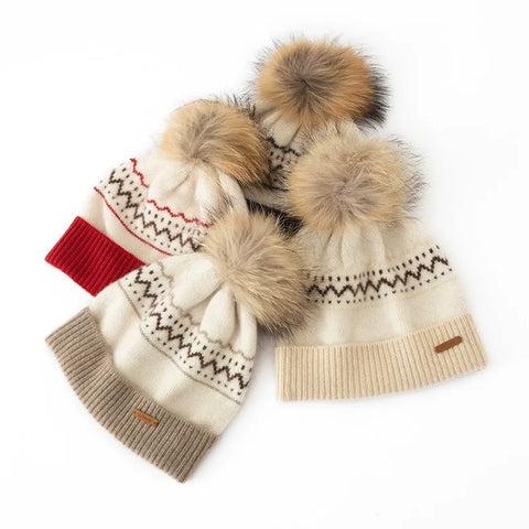 100% Cashmere Fair Isle Knit Beanie Hat with Fur Pom-Pom  For Women