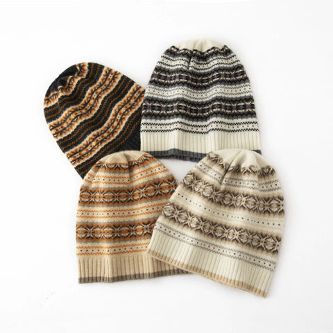 Fair Isle Inspired Pattern 100% Cashmere Beanie Knit Hat Unisex