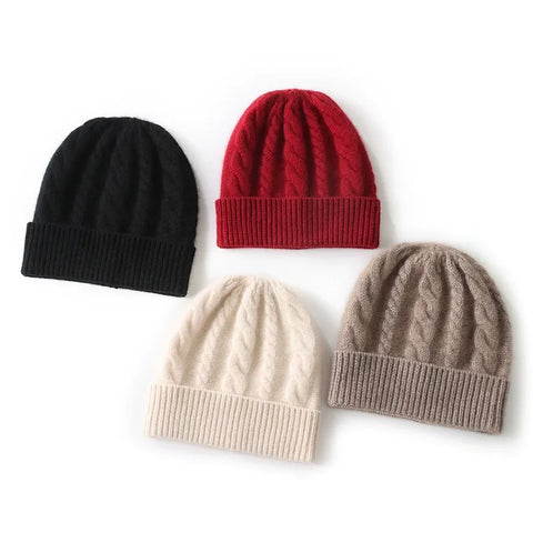Warm Ribbed Classic Cable-Knit Pure Cashmere Beanie Hat