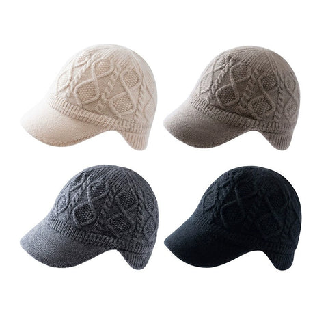 100% Cashmere Cable-Knit Baseball Cap with Visor Winter Beret