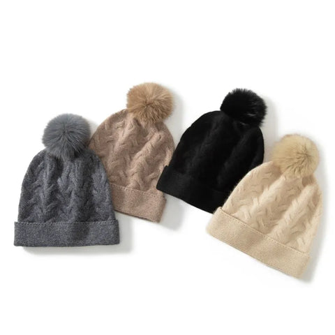 100% Cashmere Beanie Cable Knit Beanie Hat with Fur Pom Pom