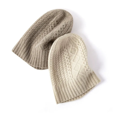 100% Pure Cashmere Hat Women Winter Knitted Twisted Flower Cap Beanies