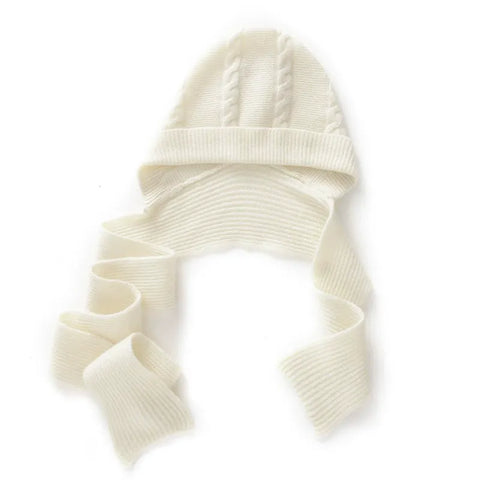 Cable-Knit Ribbed Cashmere Winter Hat with Wrap Scarf with Ties