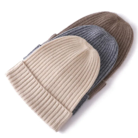 Classic Knit Winter 100% Cashmere Ribbed Beanie Hat for Women & Men