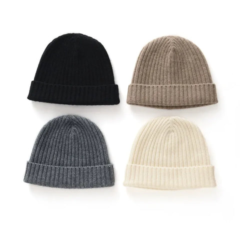 Chunky Ribbed 100% Cashmere Beanie Hat Fold Over Knitted Cap