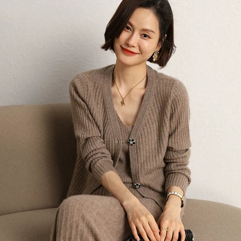 Ribbed V-Neck Slim Striped Ladies Knit Sweater Cashmere Wool Cardigan