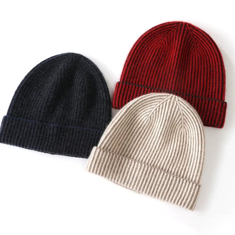 Unisex Ribbed Stripe Cashmere Cap Classic Foldover Striped Hat