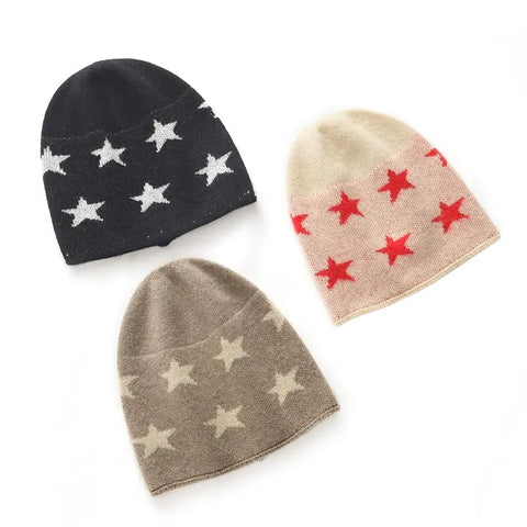 Soft Star Pattern Pure Cashmere Knit Beanie Winter Hat for Men and Women