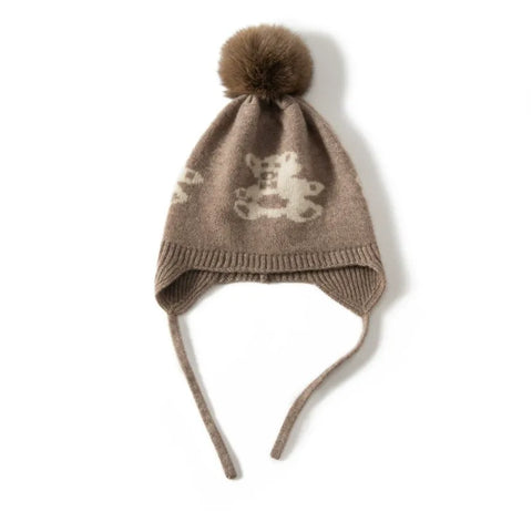 Kids’ 100% Cashmere Knitted Fur Pom-Pom Cap Soft Warm Earflap Beanies Bonnet