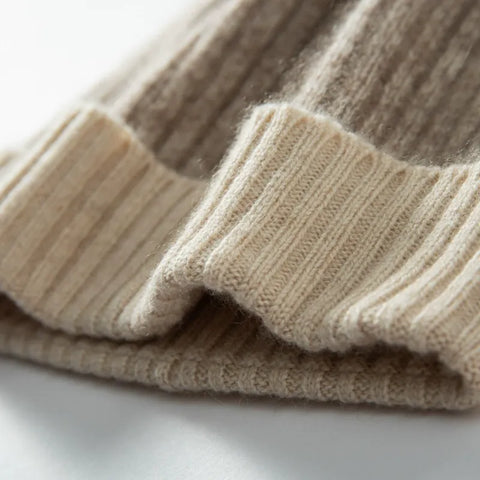 Two-Tone 100% Cashmere Ribbed Knit Cashmere Beanie Hat