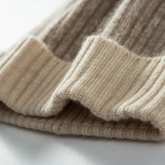Two-Tone 100% Cashmere Ribbed Knit Cashmere Beanie Hat