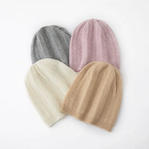 100% Cashmere Knit Slouchy Cable Beanie Ribbed  Hat