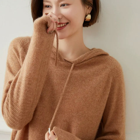 Women's Casual Drawstring Pullover Loose Fit Cashmere Hoodie Sweater