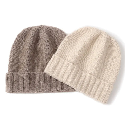 100% Cashmere Cable Knit Ribbed Beanie Warm Winter Hat Unisex