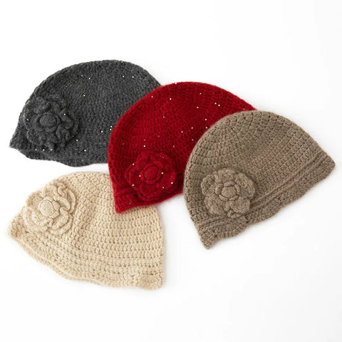 Hand-Crocheted Pure Cashmere Beanie Cap with Flower