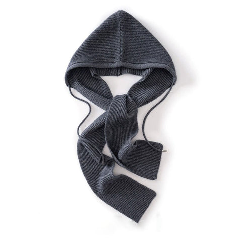 Cashmere Knit Wrap Hooded Scarf Hat Soft Warm Windproof with Drawstrings
