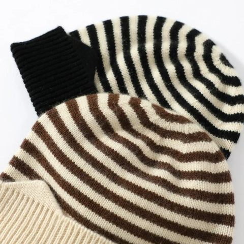 100% Cashmere Striped Thicken Knit Beanie Hat for Kids