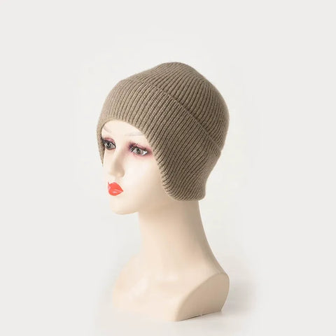 Extended Brim Winter Hat 100% Cashmere Ribbed Beanie