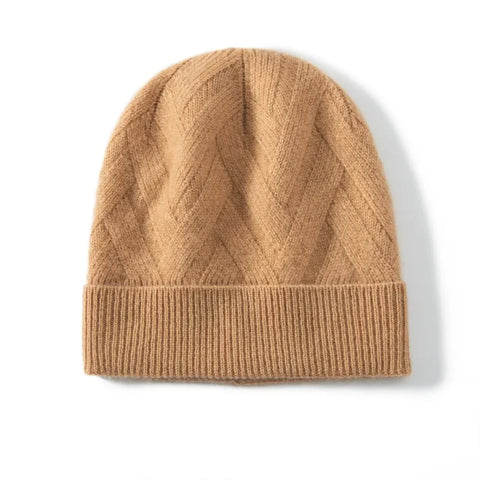 100% Cashmere Knitted Textured Chevron Rib Soft Beanie