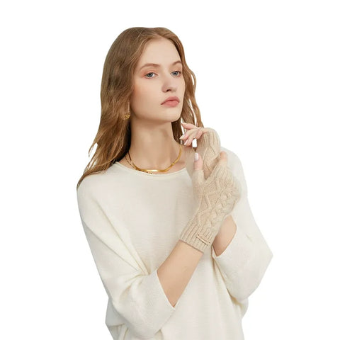 Pure Cashmere Knit Fingerless Winter Gloves Women Outdoor Warm Arm