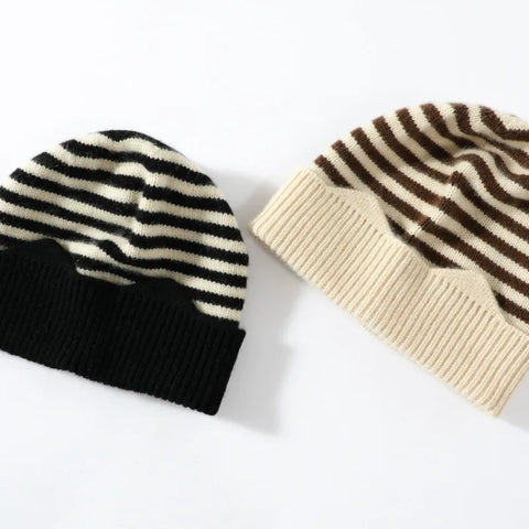 100% Cashmere Striped Thicken Knit Beanie Hat for Kids