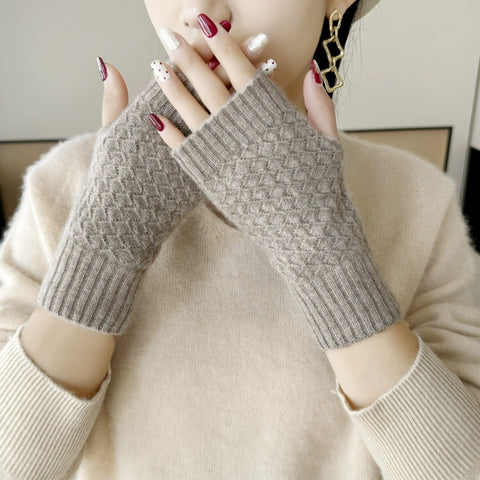 Luxury Knitted Ribbed Cuffs Diamond-Knit Cashmere Fingerless Gloves Mittens