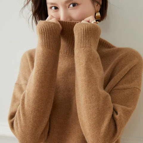 Casual Loose Turtleneck Pullover Cashmere Thick Mock Neck Sweater For Winter