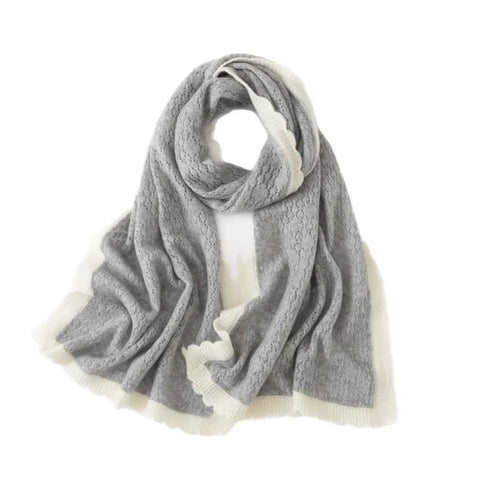 100% Cashmere Dual-Tone Lace-Knit Cashmere Scarf with Contrast Trim Wrap