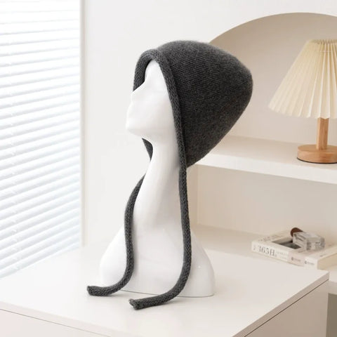 100% Cashmere Soft Winter Knit Bonnet Hat with Ties French Braid Hat