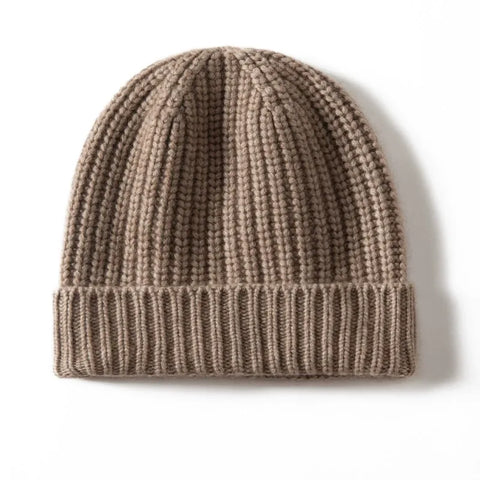 Soft Warm Ribbed 100% Cashmere Beanie Cap Knit Hat with Folded Cuff