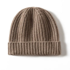 Warm Ribbed 100% Cashmere Beanie Cap Knit Hat with Folded Cuff
