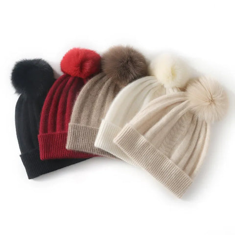 100% Cashmere Ribbed Chunky Knit Beanie with Pom-Pom for Women