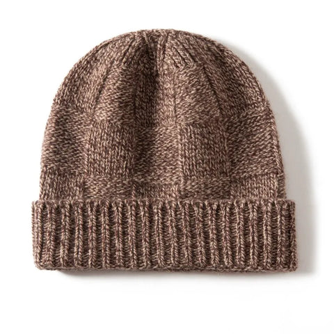Ribbed 100% Cashmere Checkerboard Knit Cuffed Beanie