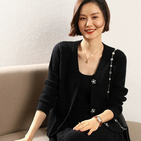 Ribbed V-Neck Slim Striped Ladies Knit Sweater Cashmere Wool Cardigan
