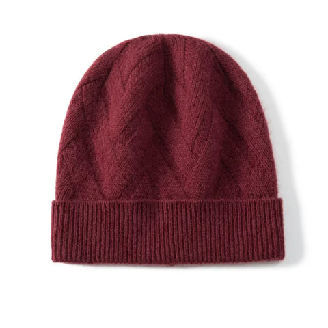 100% Cashmere Knitted Textured Chevron Rib Soft Beanie