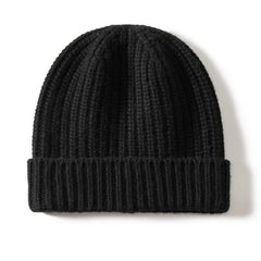 Warm Ribbed 100% Cashmere Beanie Cap Knit Hat with Folded Cuff
