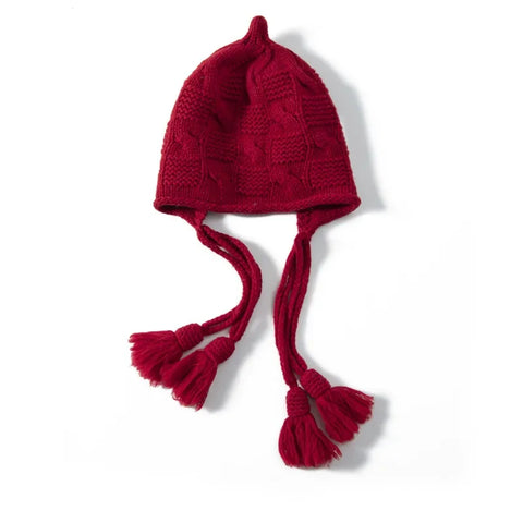 100% Cashmere Tassel Ties Knit Hat Earflap Windproof Ear Protection Beanie
