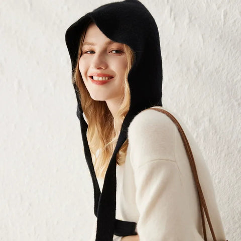 100% Cashmere Hood with Ties Knit Hood Scarf  Wrap Beanie Hats